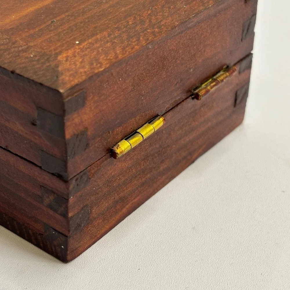 Small Vintage Wooden Trinket Box Dark Brown Beveled Lid Jewelry Keepsake Chest